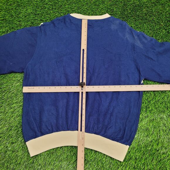 Vintage 80s MOD Ringer Sweater Large 22x25 Crop Blue Beige - Picture 6 of 12